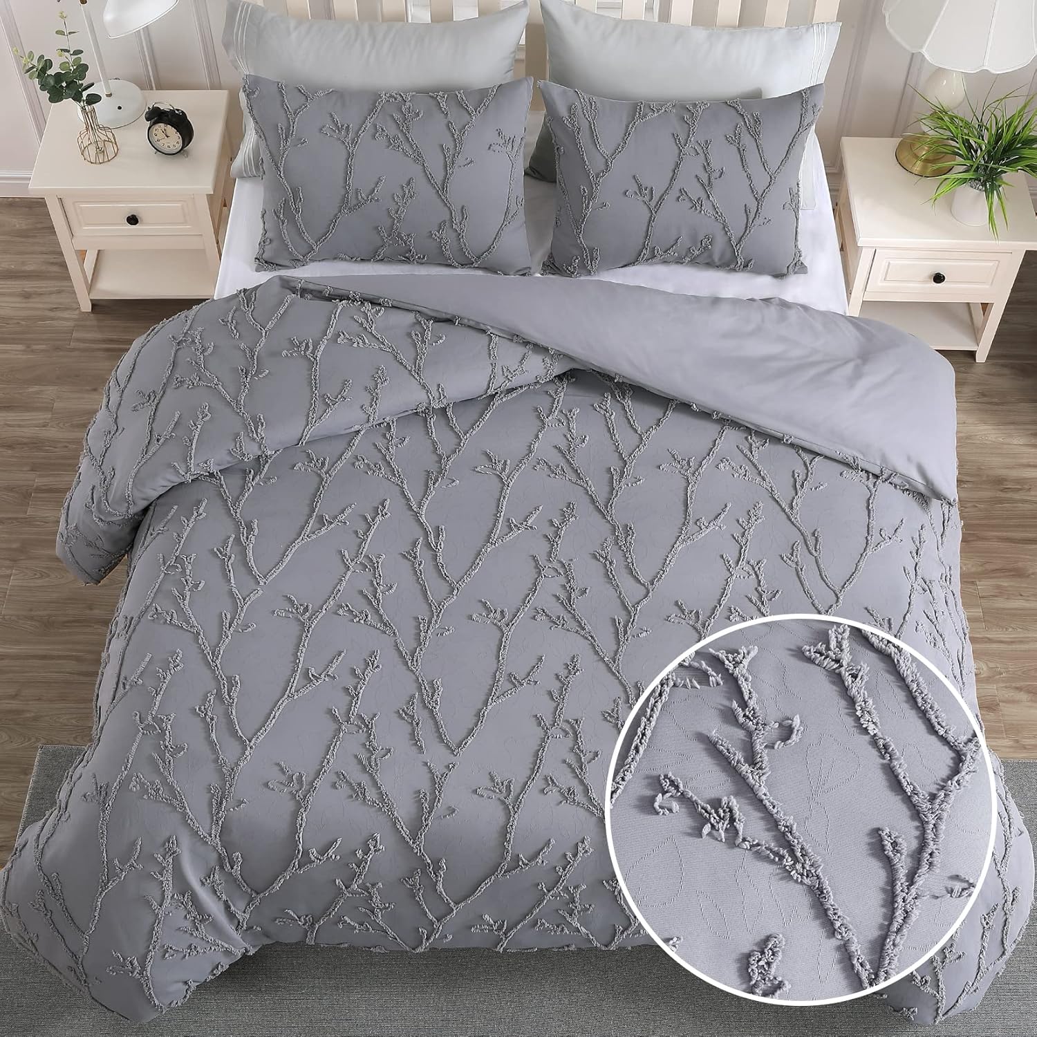 Embroidered Floral Duvet Cover Set - 3 Pcs. Chic Tufted Branches
